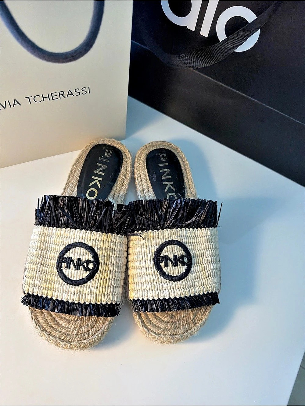 PINKO Woven Fringe Slide Sandals in Cream & Black